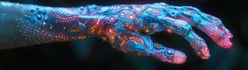 Fantasythemed finger sleeves with intricate patterns, side view, Imaginative touch, cybernetic tone, colored pastel