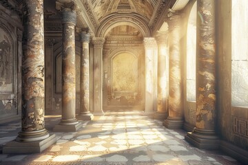 Obraz premium Podium in Ancient greek mythology style interior design - Ai. Beautiful simple AI generated image in 4K, unique.