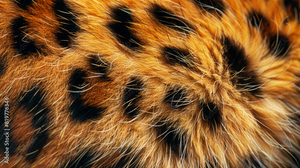 Wall mural fluffy faux fur with leopard print. fashionable background. top view of spotted fur. generative ai