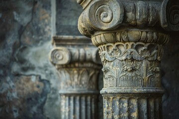 Obraz premium Ancient Greco-Roman hall interior with a circular stone podium surrounded by grand Corinthian columns. Beautiful simple AI generated image in 4K, unique.