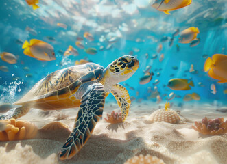 A sea turtle swimming near the ocean floor, surrounded colorful fish in clear blue water. - Powered by Adobe