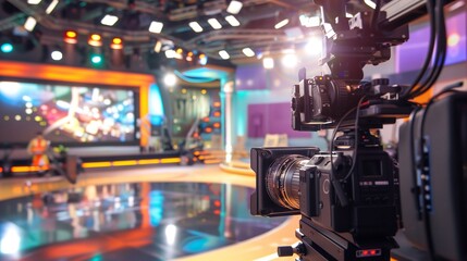 View of a camera operator aimed at the set of a talk show. Filming an entertainment show, bright studio