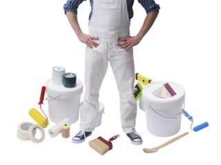 Professional painter surrounded by painting tools and paint buckets