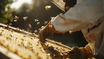 Close-up view of an apiarist's hands working with bees on beehive frames in bright, sunlit surroundings.