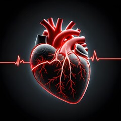 Heart in neon colors Medical poster 3D rendering, Human heart with blood vessels on dark background. 
