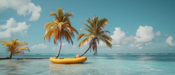 A yellow boat is floating in the ocean next to two palm trees