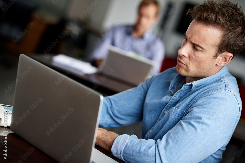 Aufkleber Business man, laptop and research as web designer or online brainstorming, solution or developer. Male person, software and IT startup with internet for email connection or proposal, coding or seo