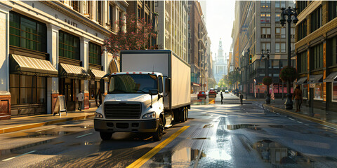 Fototapeta premium White Box Truck on Wet City Street with Reflections, Yellow Lane Markings, and Diverse Urban Architecture in Soft Golden Light