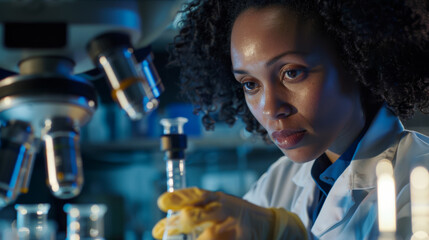A determined scientist studies a sample, surrounded by the glow of laboratory lights.