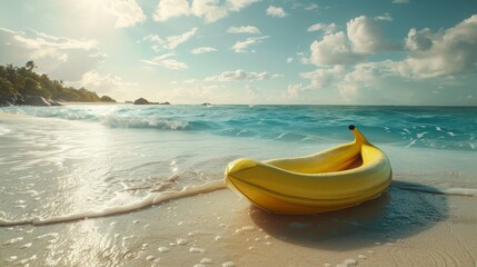 A yellow banana is sitting on the beach next to the ocean