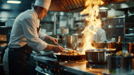 Chef expertly flames a dish, bringing drama to a professional kitchen.