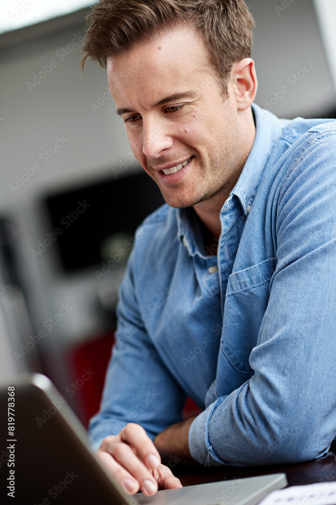 Poster man, employee and happy in office with laptop on internet for research, ideas and project as website