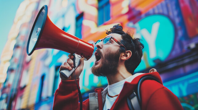 Man Holding Red Megaphone in Front of Building