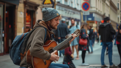 A pensive busker plays guitar on a bustling city street, sharing his music with passersby.