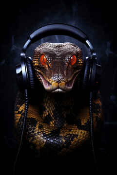 Snake with headphones. Snake listening to music
