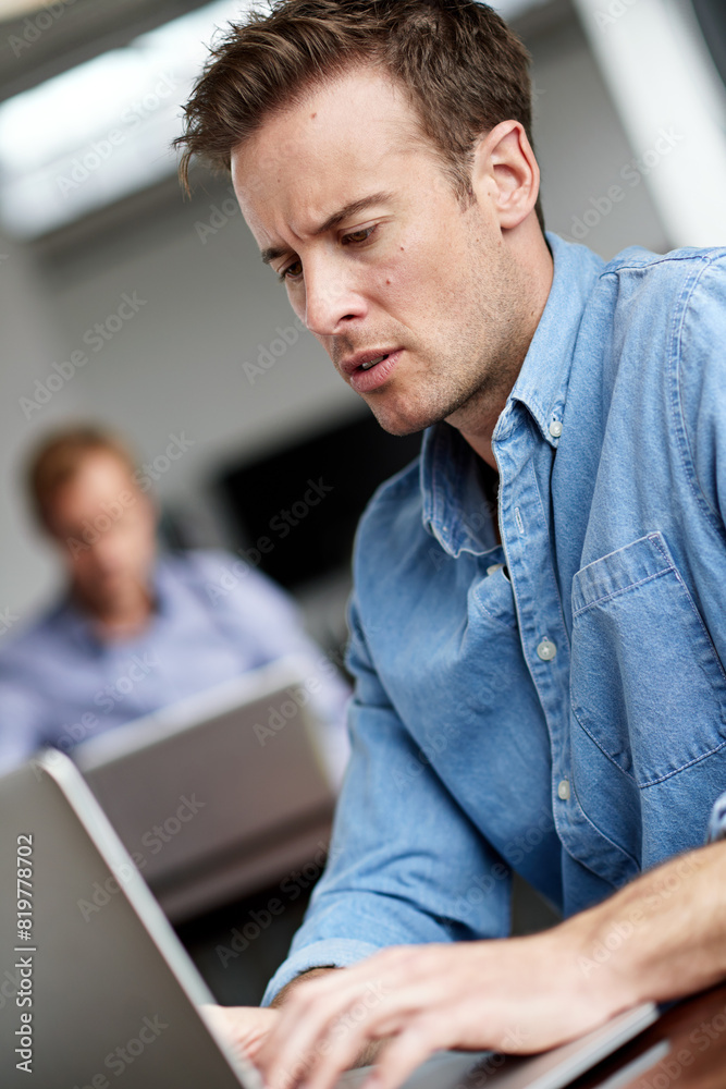 Poster Laptop, thinking and businessman in office for research, startup project and programming at desk. Web developer, designer and brainstorming with technology for coding in workplace with cybersecurity