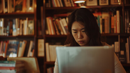 Intensely focused young woman works on a laptop during a quiet library moment.