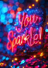 Neon Sign You Sparkle! with Colorful Bokeh Lights, Glitter Decor, and Festive Night Ambiance - Motivational Decor, Celebration, and Party Mood