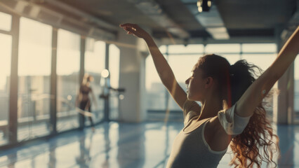 A ballet dancer practices in the studio, her silhouette elongating with the grace of a sunrise stretch.
