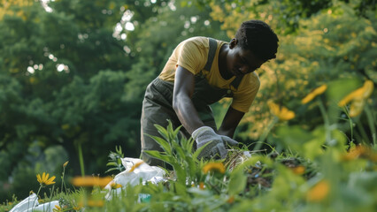 A person is gardening, carefully removing trash from lush greenery, embodying environmental care.