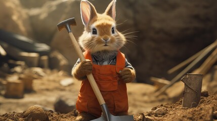 Cute rabbit doing construction work holding tools - Animal doing humans