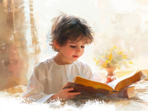 Child learning to recite the Quran, illustration, soft pastels, warm ambiance, high detail
