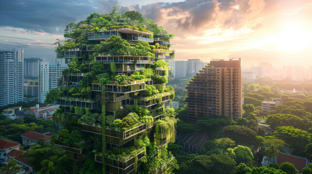 Modern urban environment coexisting with nature, green buildings, sustainable cityscapes, SCV Consulting balancing development and environmental preservation 