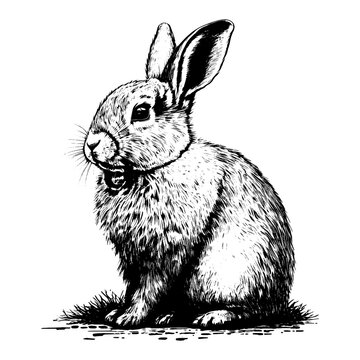 Hand drawn black and white picture of a plumpy rabbit on white background