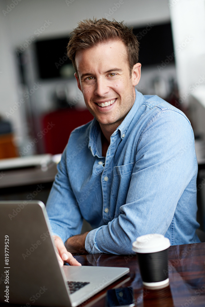 Poster Smile, portrait and business man with laptop in office, web solution and digital information. Software developer, male employee and computer for scroll email, web search and application inspection