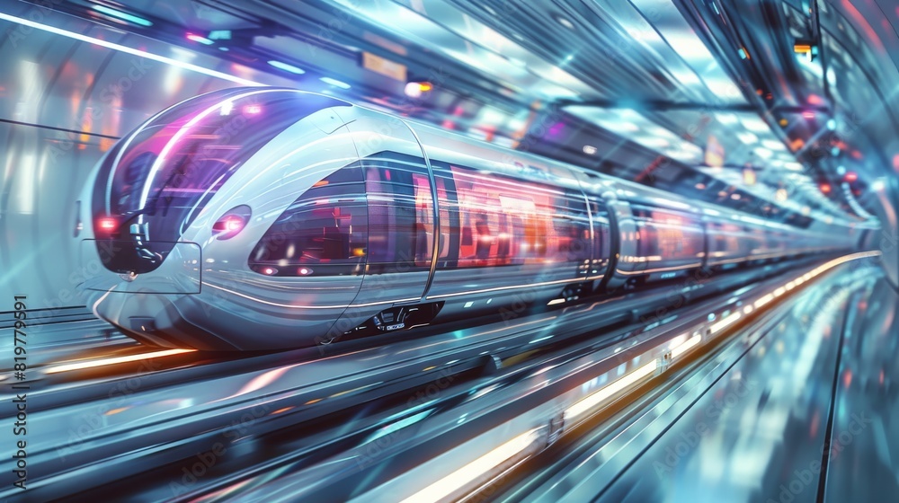 Poster modern train speeding through a futuristic urban landscape with transparent tunnels on white solid b