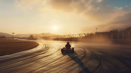 A racing kart blurs down a track, illuminated by a warm sunrise and leaving trails of speed.