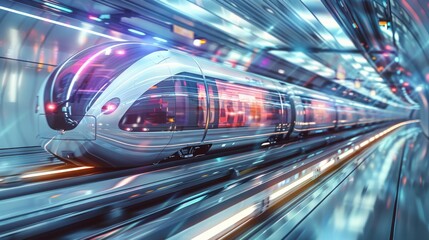 Modern train speeding through a futuristic urban landscape with transparent tunnels on white solid background. Generative AI.