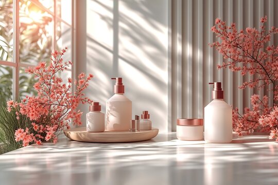 Mockup productos cosm&eacute;ticos - Color blanco y rosa, elegante, moderno - 3d fondo con mockup, botellas de cosmetico, maquillaje, spa, en blanco, fotografia producto