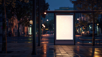 Empty Bus Stop on City Street at Night