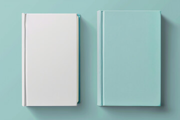 Two minimalist books: one white, the other blue on a light gray backdrop.