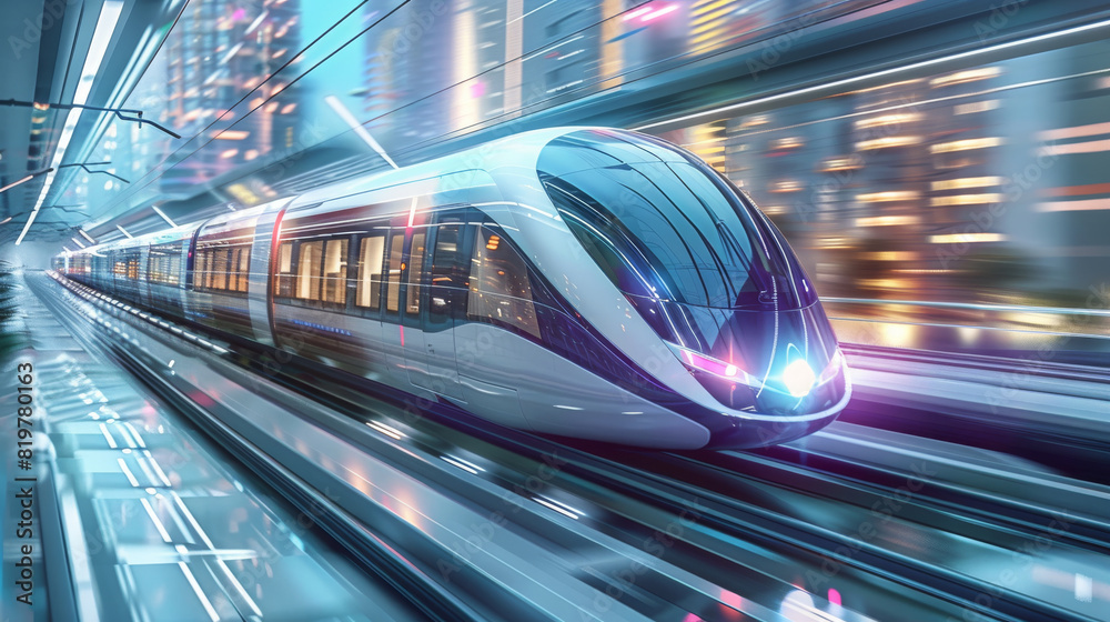 Poster modern train speeding through a futuristic urban landscape with transparent tunnels on white solid b
