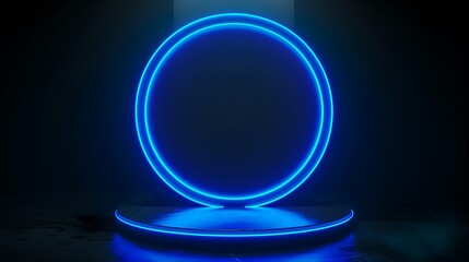 Futuristic circular neon blue stage platform with glowing lights, set in a dark, atmospheric environment with modern design elements.