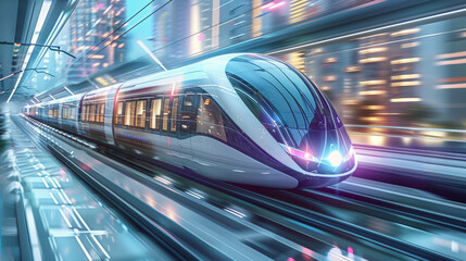 Fototapeta premium Modern train speeding through a futuristic urban landscape with transparent tunnels on white solid background. Generative AI.