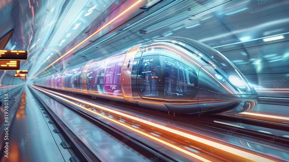 Poster modern train speeding through a futuristic urban landscape with transparent tunnels on white solid b
