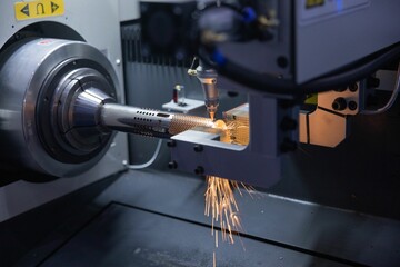 a machine working on a large item of equipment with sparks from the cutting