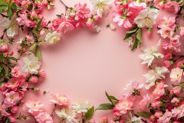 Obraz premium Drawing of a heart-shaped arch made of flowers. Backdrop with selective focus and copy space for the inscription. Beautiful simple AI generated image in 4K, unique.