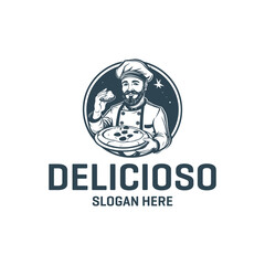 Chef with dish, cafe and restaurant logo vector illustration