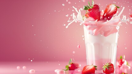 Refreshing strawberry milkshake splashing out of a glass, surrounded by fresh strawberries, with a vibrant pink background and dynamic composition.