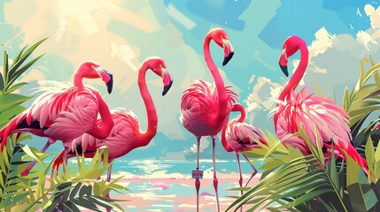 Obraz premium Eyecatching Ballet of graceful flamingos in a serene pinkhued
