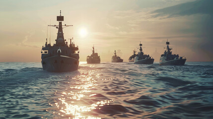 Naval fleet advancing through serene seas at twilight, sun kissing the horizon.