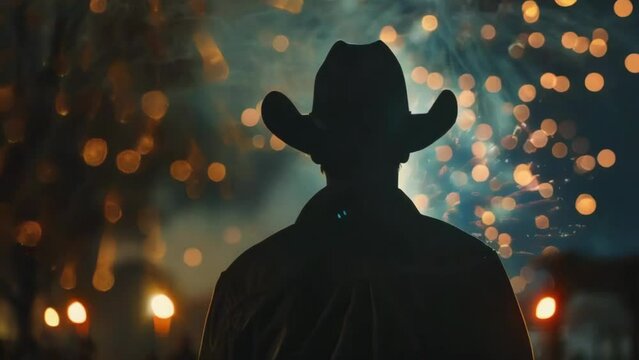 Silhouette of a Cowboy Watching Fireworks display in the Night Sky - 4k stock video footage AI