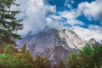 a mountain with clouds is pictured behind the trees on a sunny day