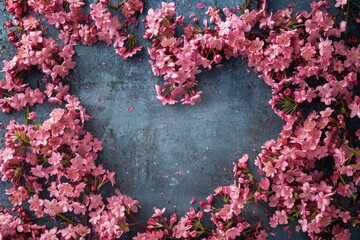 Drawing of a heart-shaped arch made of flowers. Backdrop with selective focus and copy space for the inscription. Beautiful simple AI generated image in 4K, unique.