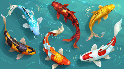 Koi fish swimming in blue water, illustration style, from a top view, orange, yellow red 