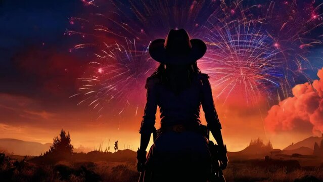 Silhouette of a Cowgirl Watching Fireworks display in the Night Sky - 4k stock video footage AI